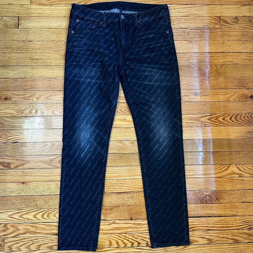 American Eagle Black All-Over Logo Print Jeans Men's 34x32 Slim Fit Denim
